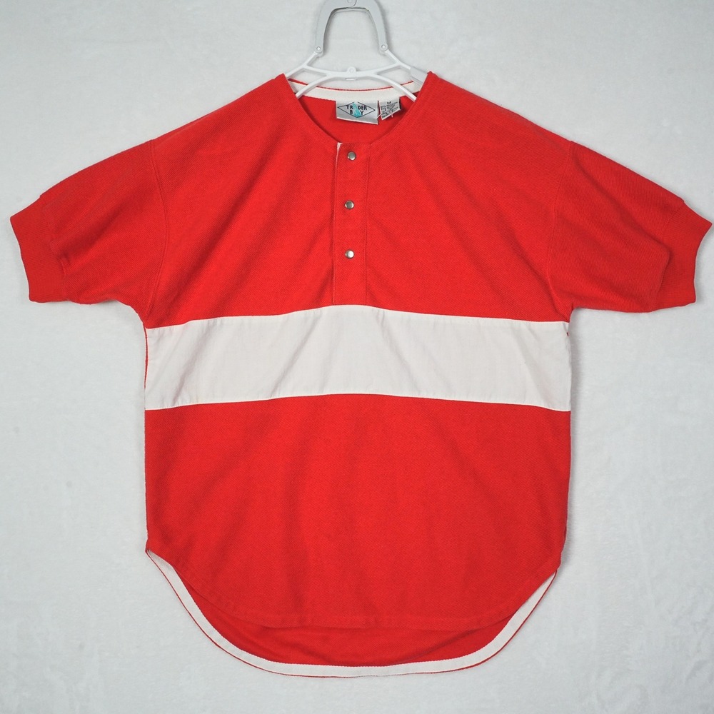 Vintage Trader Bay Red White Striped Henley Jersey Short Sleeve Shirt Mens‎ M